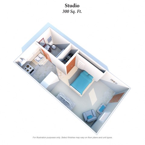 Floor plan for studio, 1 bath, 300 sqft